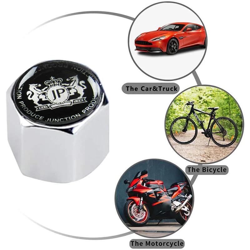 JP Junction Produce Universal Car SUV Wheel Tire Valves Dust Stem Air Caps Keychain Emblem Silver Set - Image 4