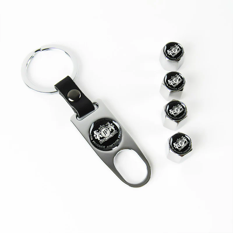 JP Junction Produce Universal Car SUV Wheel Tire Valves Dust Stem Air Caps Keychain Emblem Silver Set - Image 5