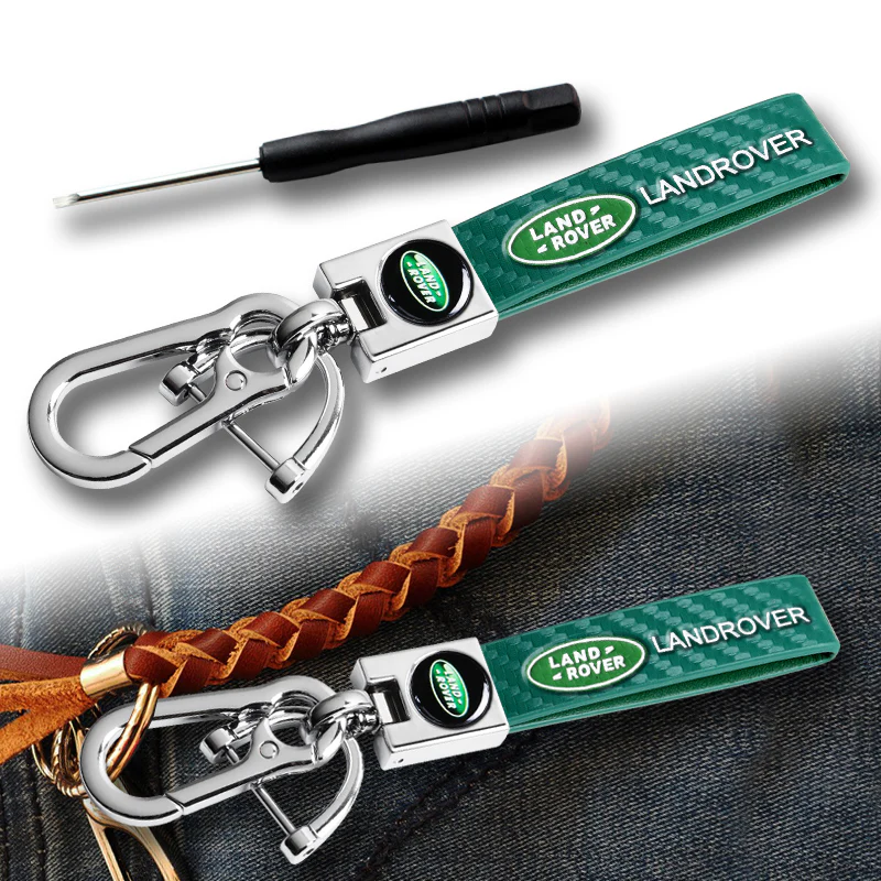 LANDROVER Universal Chrome 3D Logo Carbon Fiber Look Green Leather Metal Gift Decor Quick Release Lanyard Keychain - Image 2