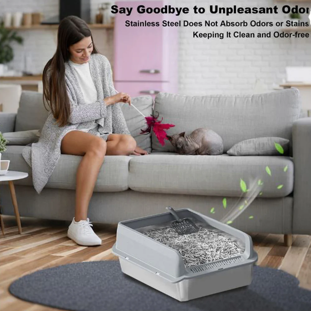 Large Stainless steel cat litter box, High Sides, Odor-Free, Non Stick and Easy Clean, 19.69"x13.78"x9.8" - Image 4