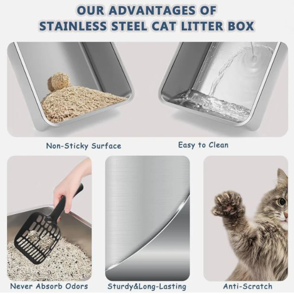 Large Stainless steel cat litter box, High Sides, Odor-Free, Non Stick and Easy Clean, 19.69"x13.78"x9.8" - Image 5