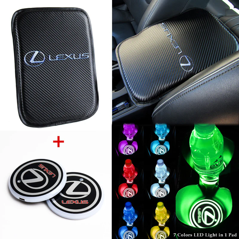 Lexus Carbon Fiber Look Car Center Console Armrest Cushion Mat Pad Cover with LED Coasters Combo Set - Image 6