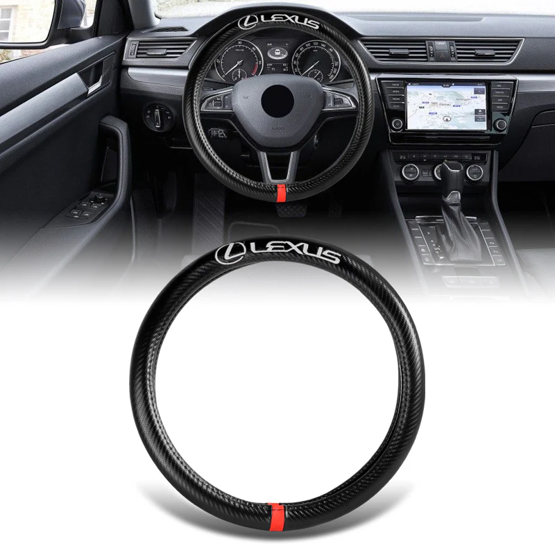LEXUS Set of Car 15" Steering Wheel Cover Carbon Fiber Style Leather with Seat Belt Covers - Image 6