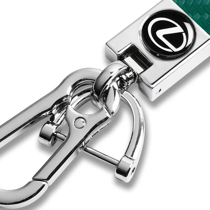 LEXUS Universal Chrome 3D Logo Carbon Fiber Look Green Leather Metal Gift Decor Quick Release Lanyard Keychain - Image 4