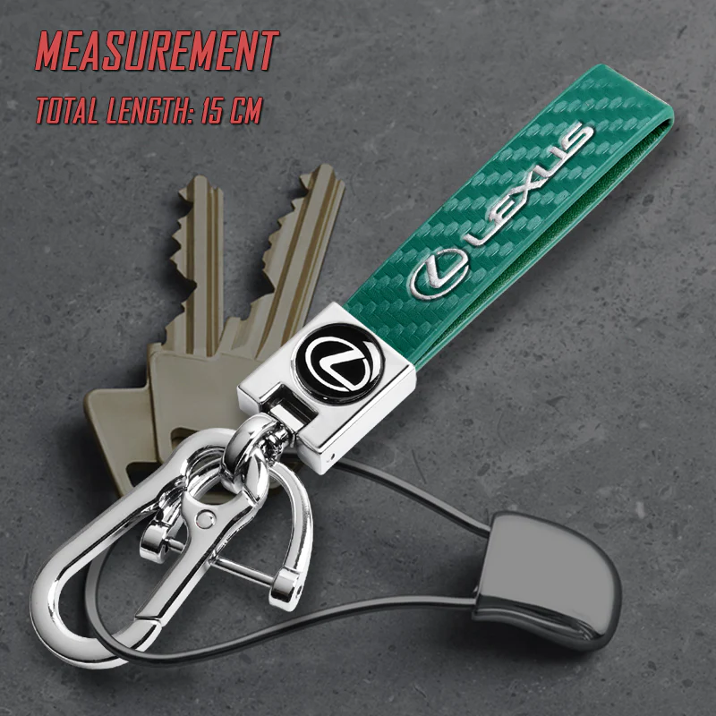 LEXUS Universal Chrome 3D Logo Carbon Fiber Look Green Leather Metal Gift Decor Quick Release Lanyard Keychain - Image 5