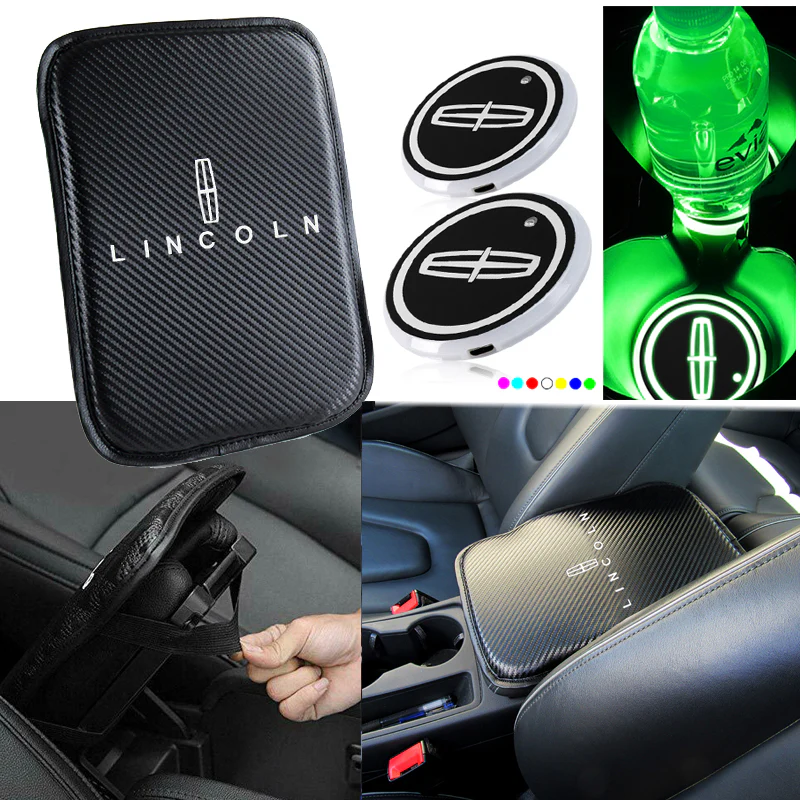 Lincoln Car Center Console Armrest Cushion Mat Pad Cover Stitched Embroidery Logo with LED Cup Coaster Set - Image 5
