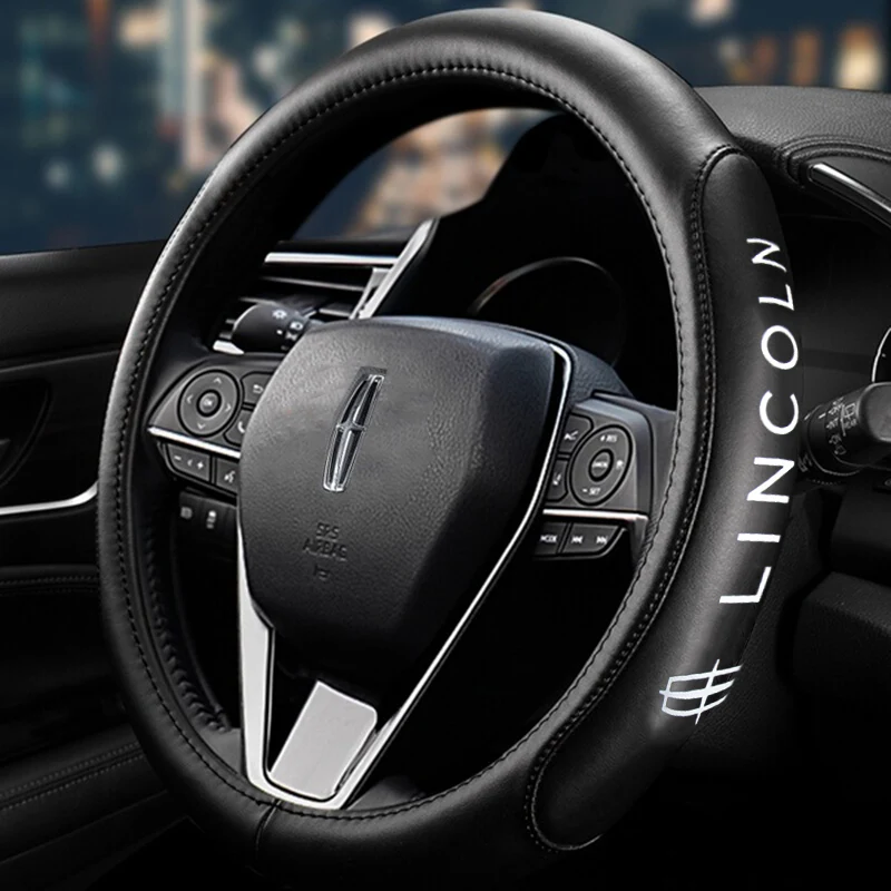 LINCOLN Set Black 15" Diameter Car Auto Steering Wheel Cover Quality Leather with Center Console Armrest Cushion Mat Pad Cover - Image 5