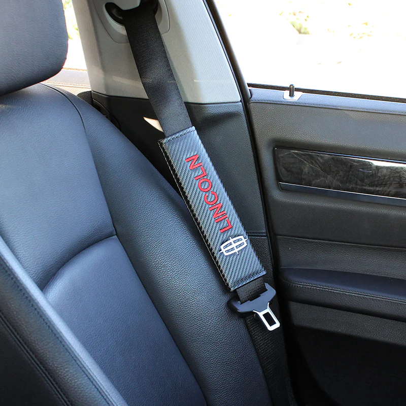 LINCOLN Set of Car 15" Steering Wheel Cover Carbon Fiber Style Leather with Seat Belt Covers - Image 5