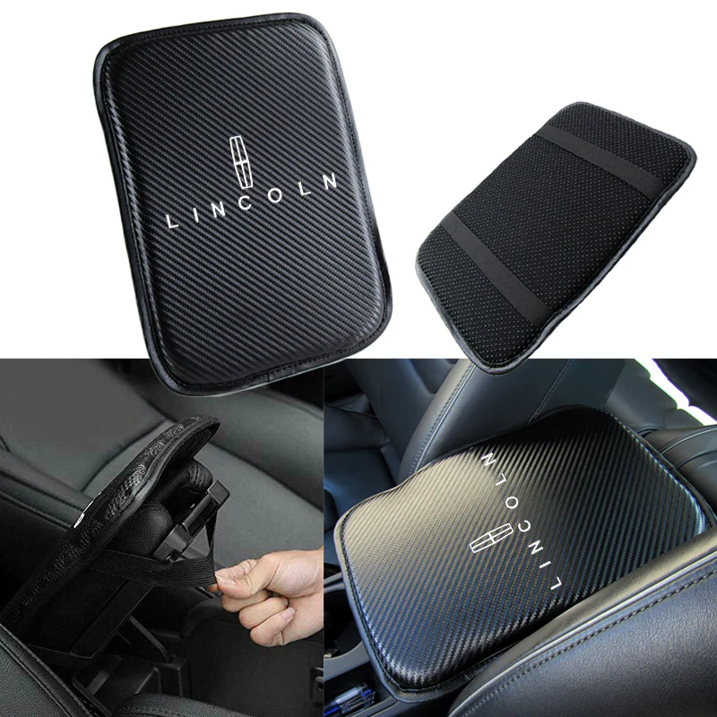 Lincoln Set of Carbon Fiber Look Embroidered Armrest Cushion & Seat Belt Cover - Image 6