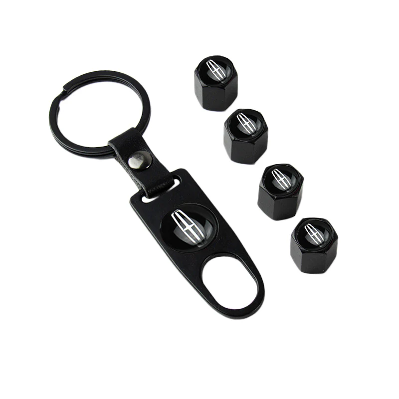LINCOLN Universal Car SUV Wheel Tire Valves Dust Stem Air Caps Keychain Emblem Black Set - Image 7