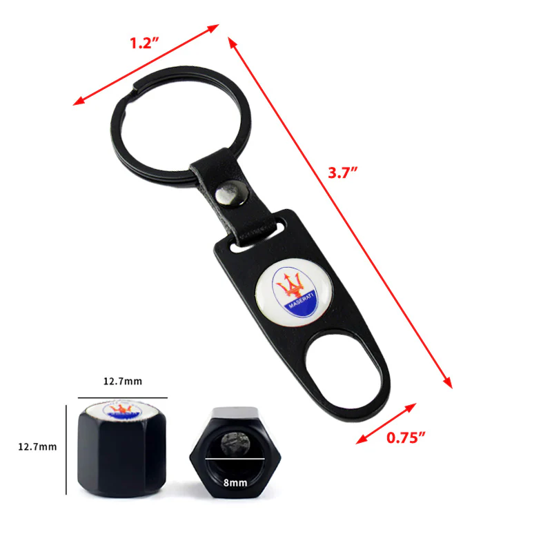 MASERATI Universal Car SUV Wheel Tire Valves Dust Stem Air Caps Keychain Emblem Black Set - Image 2