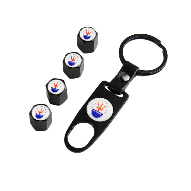 MASERATI Universal Car SUV Wheel Tire Valves Dust Stem Air Caps Keychain Emblem Black Set - Image 4