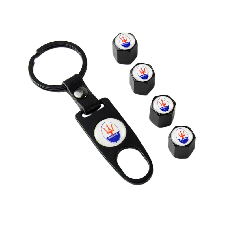 MASERATI Universal Car SUV Wheel Tire Valves Dust Stem Air Caps Keychain Emblem Black Set - Image 7