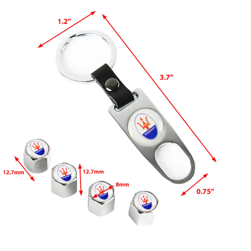 MASERATI Universal Car SUV Wheel Tire Valves Dust Stem Air Caps Keychain Emblem Silver Set - Image 3