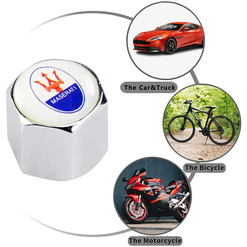 MASERATI Universal Car SUV Wheel Tire Valves Dust Stem Air Caps Keychain Emblem Silver Set - Image 4