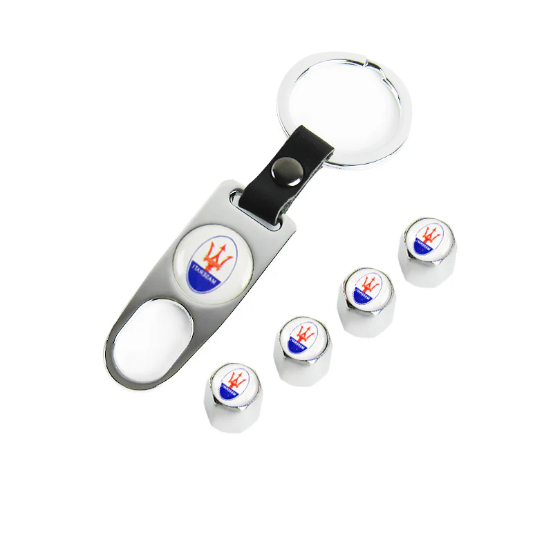 MASERATI Universal Car SUV Wheel Tire Valves Dust Stem Air Caps Keychain Emblem Silver Set - Image 5