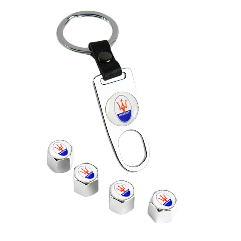 MASERATI Universal Car SUV Wheel Tire Valves Dust Stem Air Caps Keychain Emblem Silver Set - Image 6