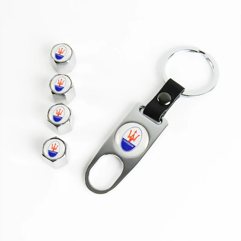 MASERATI Universal Car SUV Wheel Tire Valves Dust Stem Air Caps Keychain Emblem Silver Set - Image 7