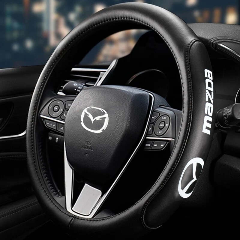 MAZDA Mazda Speed Set Black 15" Diameter Car Auto Steering Wheel Cover Quality Leather with Center Console Armrest Cushion Mat Pad Cover - Image 8