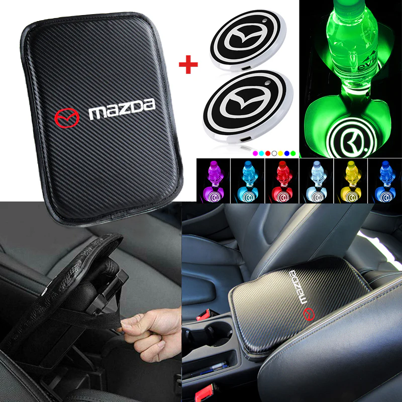Mazda MazdaSpeed Car Center Console Armrest Cushion Mat Pad Cover Stitched Embroidery Logo with LED Cup Coaster Set - Image 5