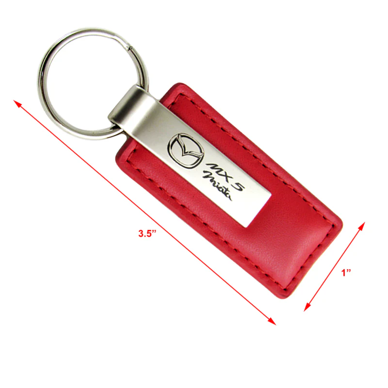 MAZDA MIATA MX5 Rectangle RED Leather Chrome Key Fob Keyring Keychain Lanyard - Image 3