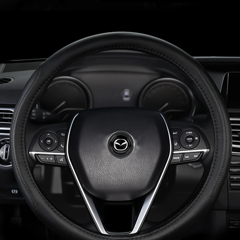 MAZDA Set Quality Leather 15" Diameter Car Auto Steering Wheel Cover with Black / Silver Horn Button - Image 11