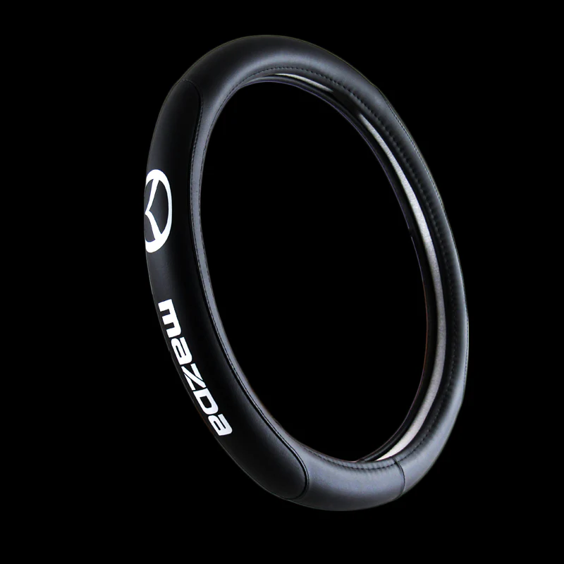 MAZDA Set Quality Leather 15" Diameter Car Auto Steering Wheel Cover with Black / Silver Horn Button - Image 2