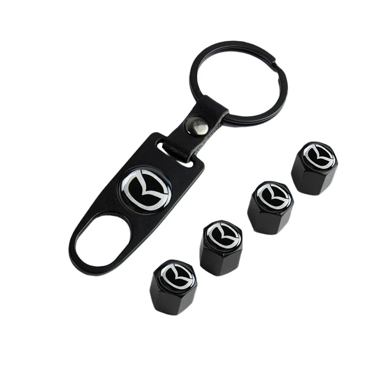 Mazda Universal Car SUV Wheel Tire Valves Dust Stem Air Caps Keychain Emblem Black Set - Image 6