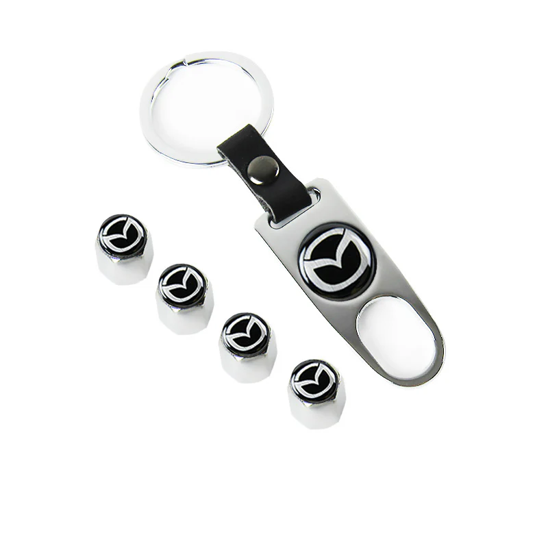Mazda Universal Car SUV Wheel Tire Valves Dust Stem Air Caps Keychain Emblem Silver Set - Image 5