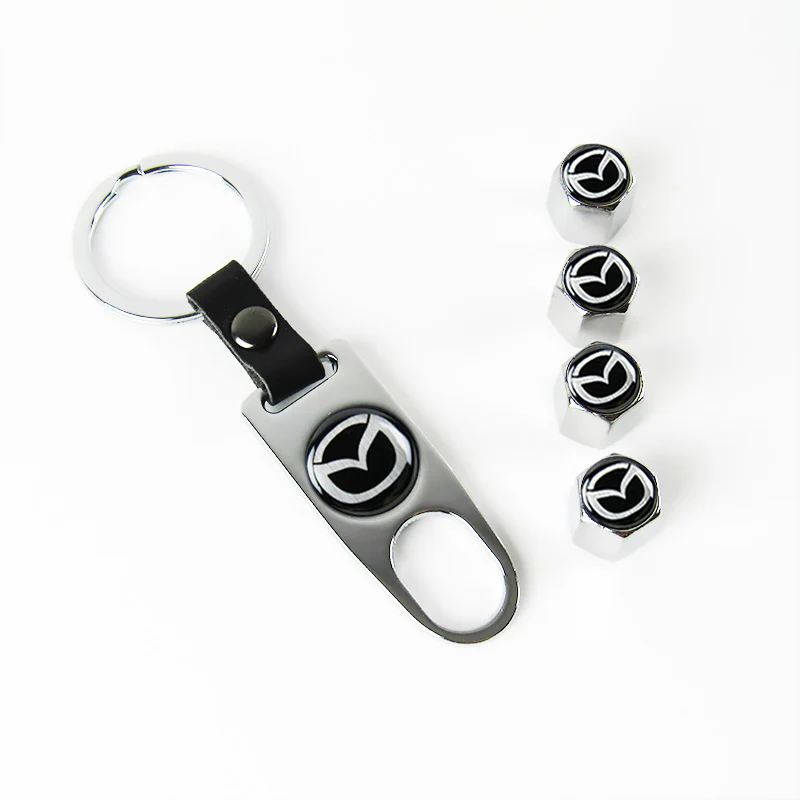 Mazda Universal Car SUV Wheel Tire Valves Dust Stem Air Caps Keychain Emblem Silver Set - Image 7