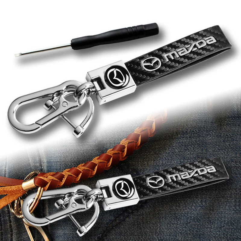 MAZDA Universal Chrome 3D Logo Carbon Fiber Look Black Leather Metal Gift Decor Quick Release Lanyard Keychain MAZDA SPEED - Image 3