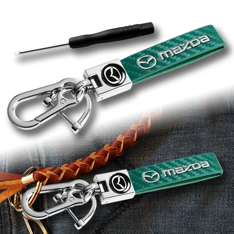 MAZDA Universal Chrome 3D Logo Carbon Fiber Look Green Leather Metal Gift Decor Quick Release Lanyard Keychain MAZDA SPEED - Image 3