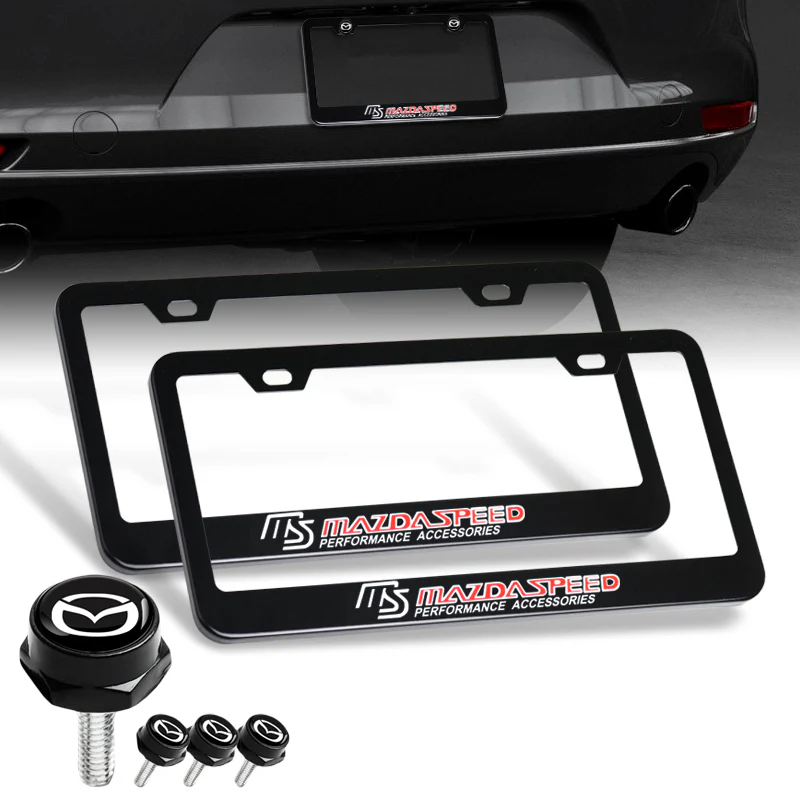 MAZDA Mazdaspeed 2 pcs Black Stainless Steel License Plate Frame with Caps Bolt Screw Set - Image 4