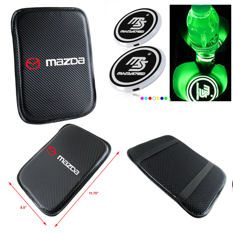 MazdaSpeed Mazda Car Center Console Armrest Cushion Mat Pad Cover Stitched Embroidery Logo with LED Cup Coaster Set - Image 5