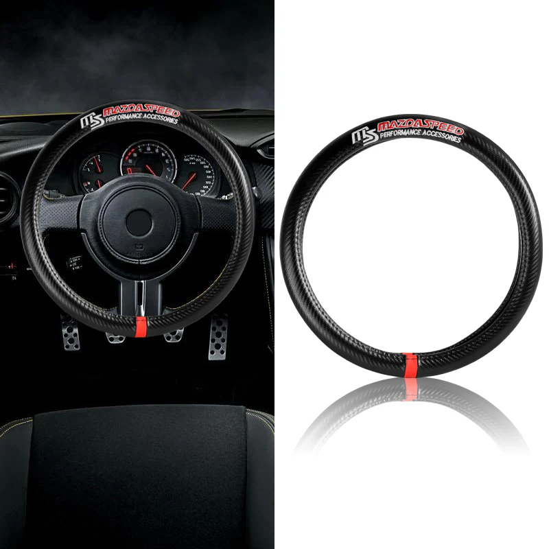 MazdaSpeed MAZDA Set Carbon Fiber Look Quality Leather 15" Diameter Car Auto Steering Wheel Cover with Black / Silver Horn Button - Image 11