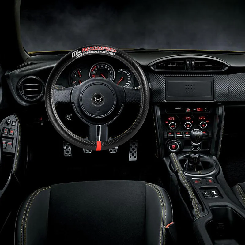 MazdaSpeed MAZDA Set Carbon Fiber Look Quality Leather 15" Diameter Car Auto Steering Wheel Cover with Black / Silver Horn Button - Image 3