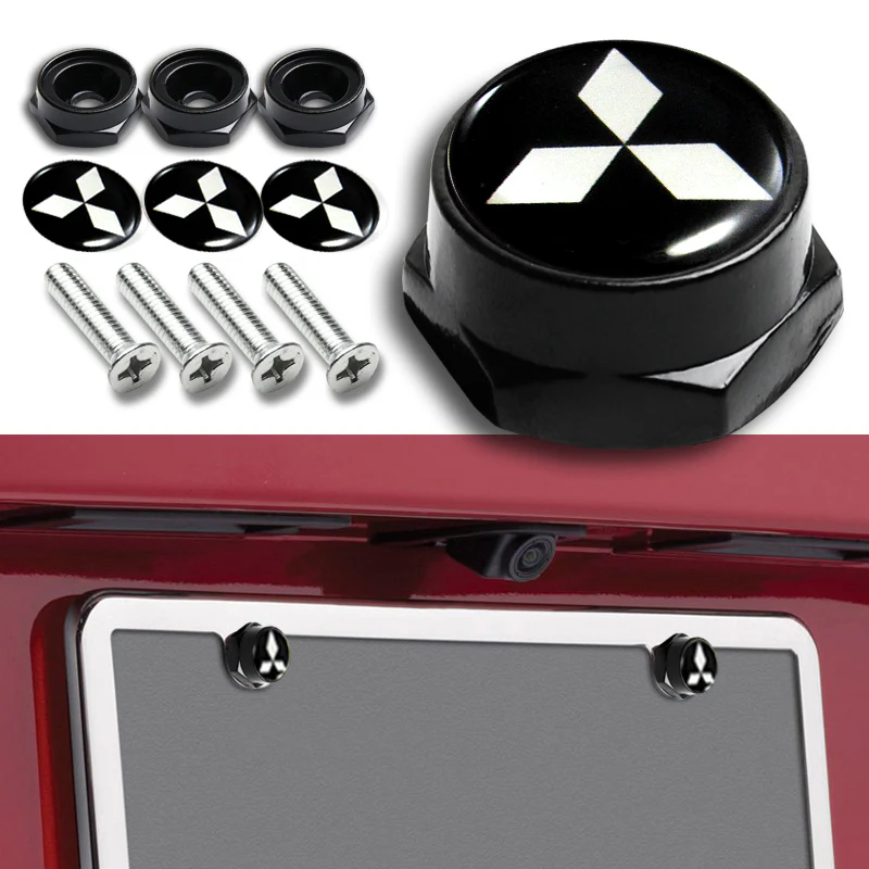 Mitsubishi 4pcs New Black Car License Plate Bolts Frame Screw Caps Covers - Image 3