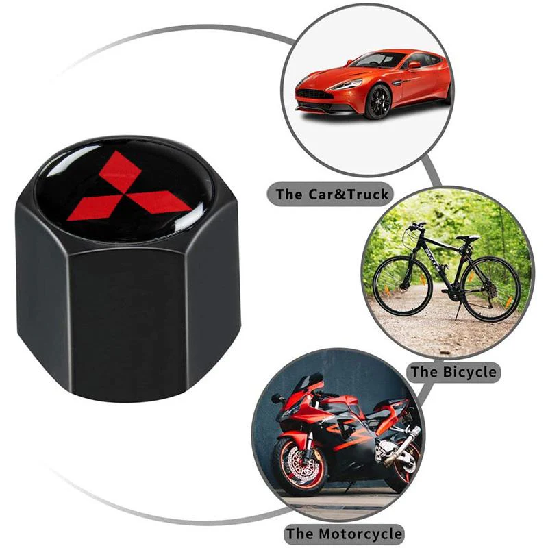 MITSUBISHI LOGO Set Emblems with Black Tire Wheel Valves Air Caps Keychain - US SELLER - Image 2