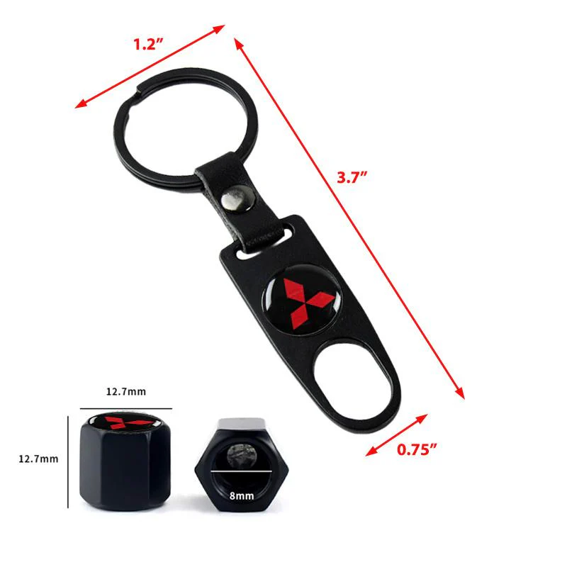 MITSUBISHI LOGO Set Emblems with Black Tire Wheel Valves Air Caps Keychain - US SELLER - Image 3