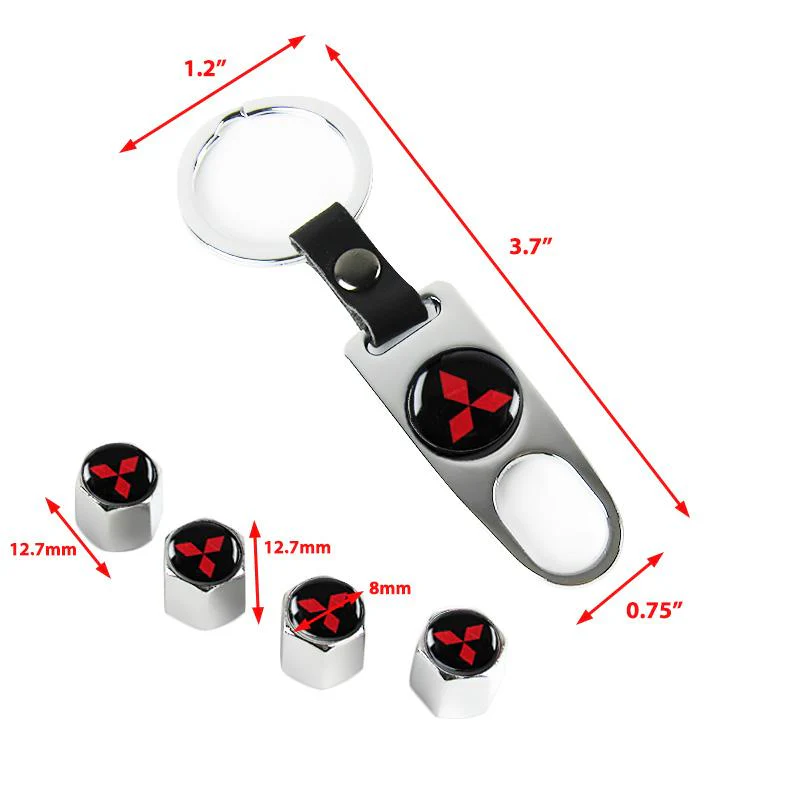 MITSUBISHI LOGO Set Emblems with Silver Keychain Wheel Tire Valves Air Caps - US SELLER - Image 3