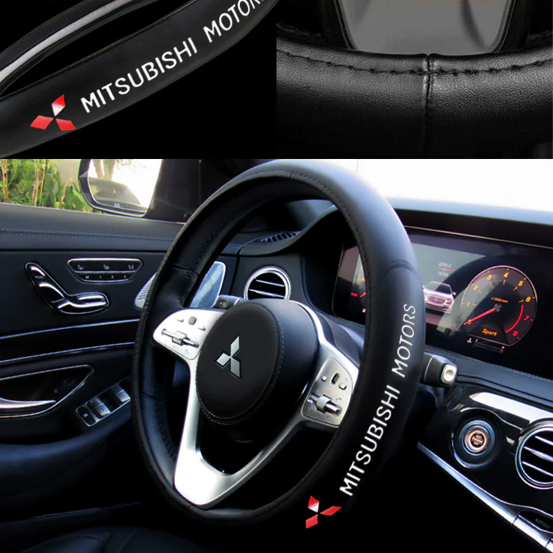 MITSUBISHI Set Black 15" Diameter Car Auto Steering Wheel Cover Quality Leather with Center Console Armrest Cushion Mat Pad Cover - Image 3