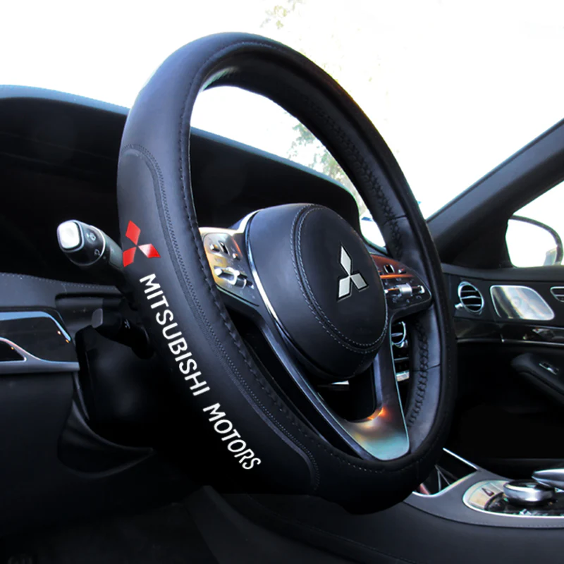 MITSUBISHI Set Black 15" Diameter Car Auto Steering Wheel Cover Quality Leather with Center Console Armrest Cushion Mat Pad Cover - Image 8