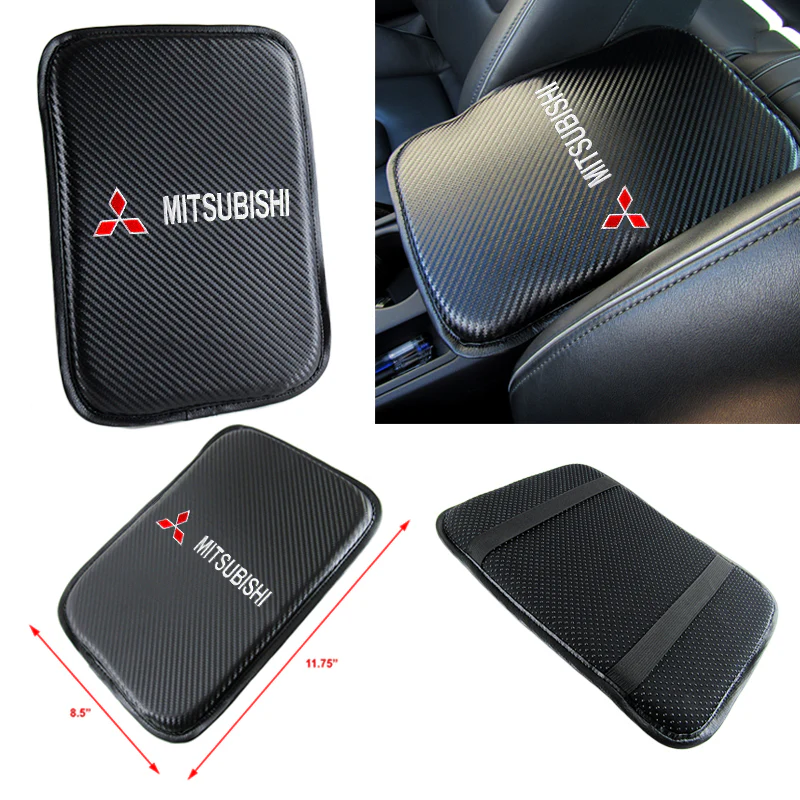 MITSUBISHI Set Embroidered Armrest Cushion with Seat Belt Cover Carbon Fiber Look Center Console Cover Pad Mat - Image 3