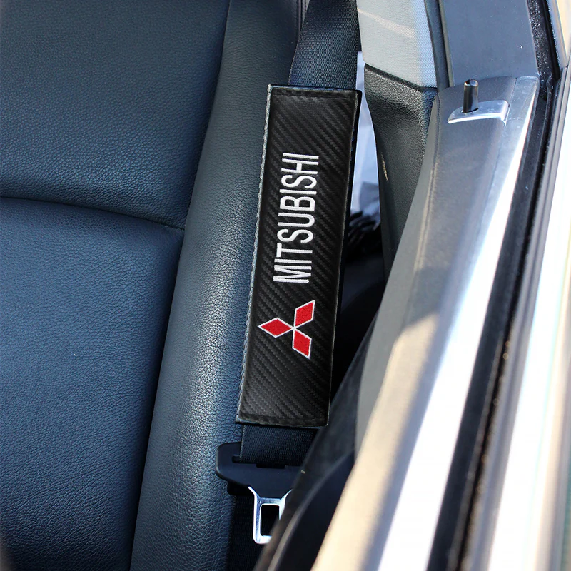 MITSUBISHI Set of Car 15" Steering Wheel Cover Carbon Fiber Style Leather with Seat Belt Covers - Image 5