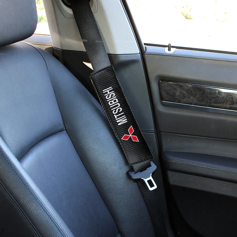 MITSUBISHI Set of Car 15" Steering Wheel Cover Carbon Fiber Style Leather with Seat Belt Covers - Image 9
