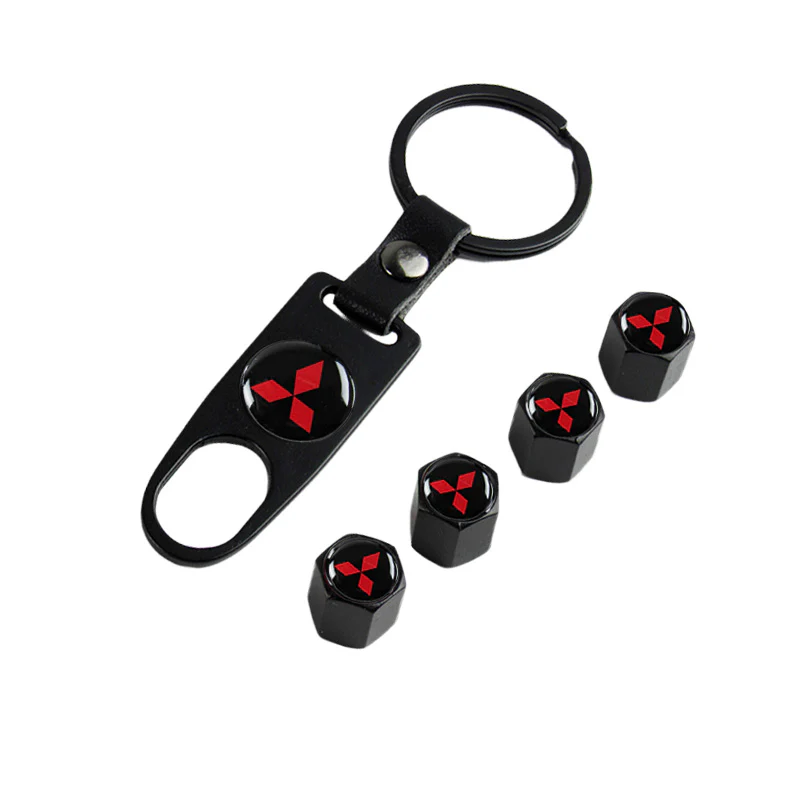 MITSUBISHI Universal Car SUV Wheel Tire Valves Dust Stem Air Caps Keychain Emblem Black Set - Image 5
