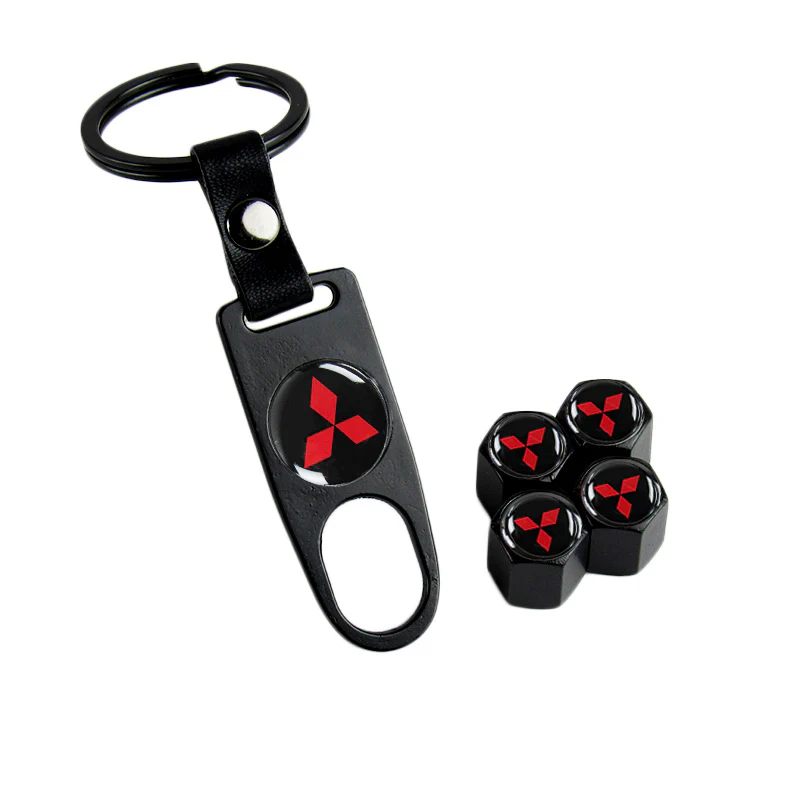 MITSUBISHI Universal Car SUV Wheel Tire Valves Dust Stem Air Caps Keychain Emblem Black Set - Image 7