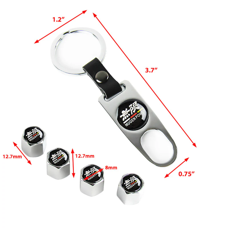 Mugen Universal Car SUV Wheel Tire Valves Dust Stem Air Caps Keychain Emblem Silver Set - Image 3