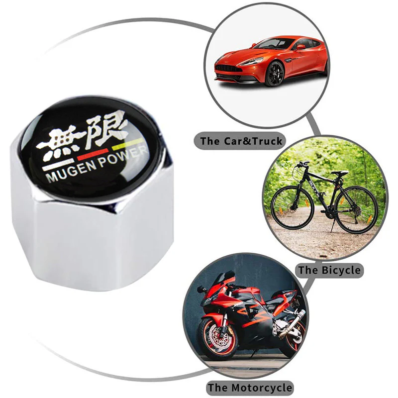 Mugen Universal Car SUV Wheel Tire Valves Dust Stem Air Caps Keychain Emblem Silver Set - Image 4