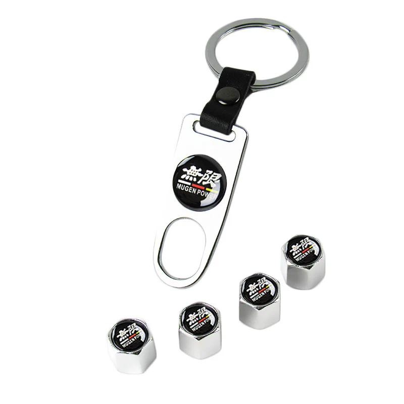 Mugen Universal Car SUV Wheel Tire Valves Dust Stem Air Caps Keychain Emblem Silver Set - Image 5